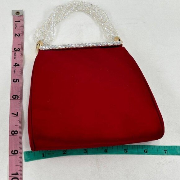 Judith Leiber Vintage Red Satin Evening Bag w/ Crystal Beaded Handle - Picture 2 of 6